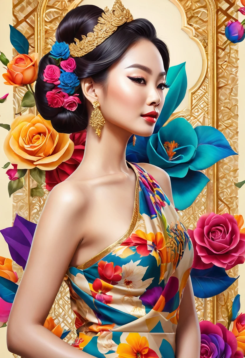A large billboard at a 3D city intersection features a 3D rendering of "Welcome to ประเทศไทย 2024" written in elegant letters next to There was a beautiful Thai woman wearing a brightly colored Thai silk dress. I pulled my back tight. Decorated with roses, hair in steamed buns, hands clasped together in worship. The background must be full of energy. Looking ahead, jewel tones, splashes of color, geometric shapes, abstract art, exotic flowers. Cream background with gold pattern