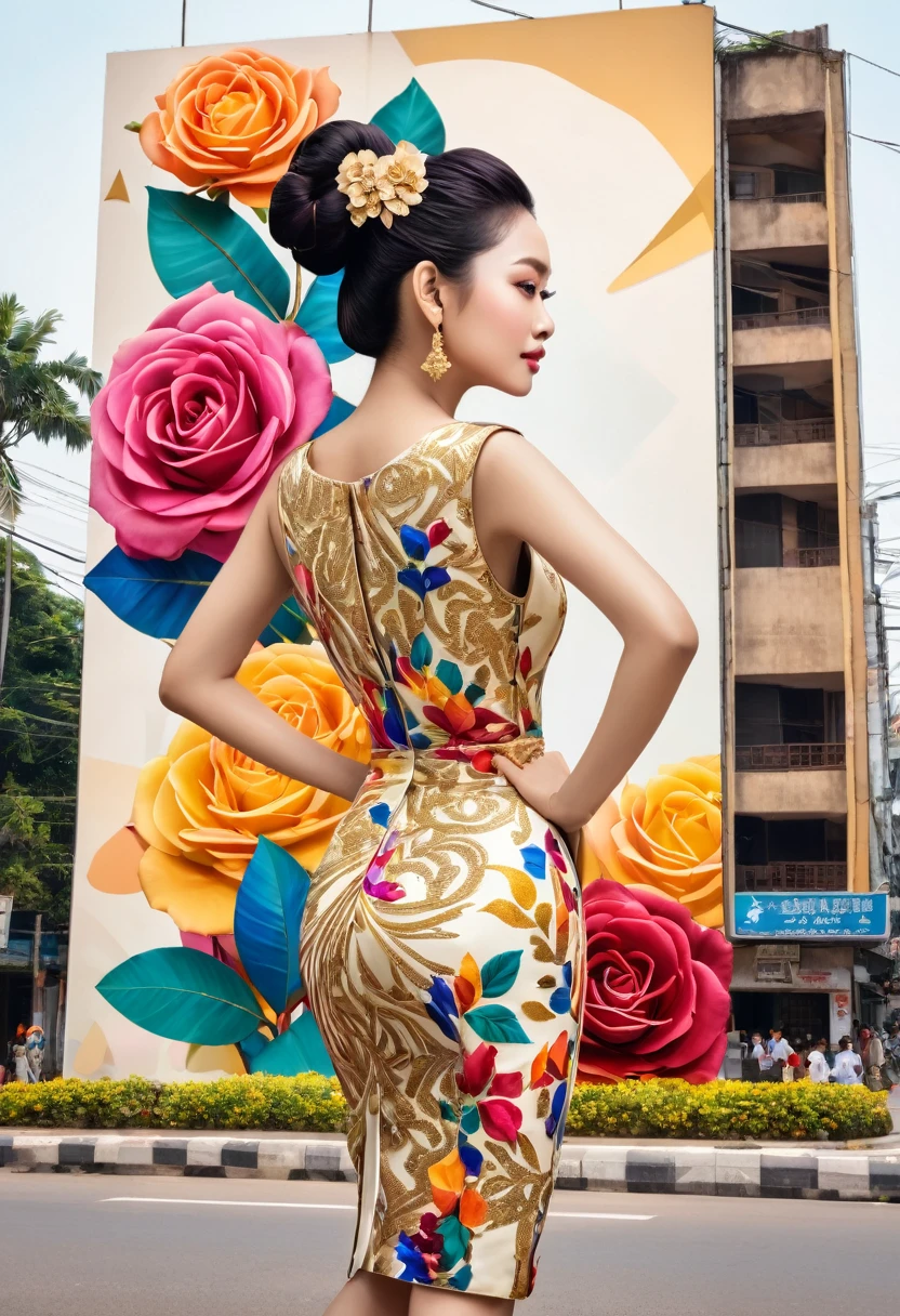 A large billboard at a 3D city intersection features a 3D rendering of "Welcome to ประเทศไทย 2024" written in elegant letters next to There was a beautiful Thai woman wearing a brightly colored Thai silk dress. I pulled my back tight. Decorated with roses, hair in steamed buns, hands clasped together in worship. The background must be full of energy. Looking ahead, jewel tones, splashes of color, geometric shapes, abstract art, exotic flowers. Cream background with gold pattern