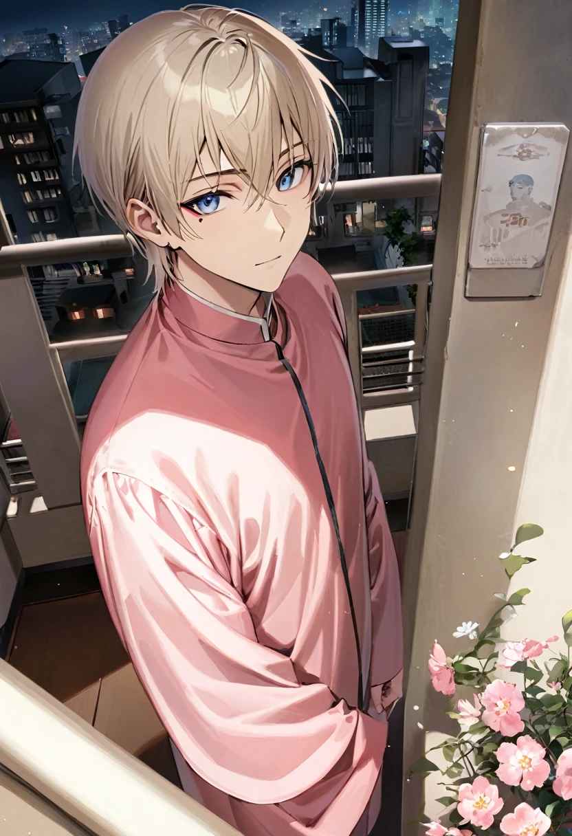 Manga cover style, detailed.
best quality, art, detailed face, in the style of lora marvin.
(aerial view)
A 32-year-old man, slender and of medium height, fair and flawless skin. (platinum blonde hair) (Deep blue eyes are highlighted by eyeliner.)

on the balcony of a flowery apartment.
the man wears a bright pink silk robe