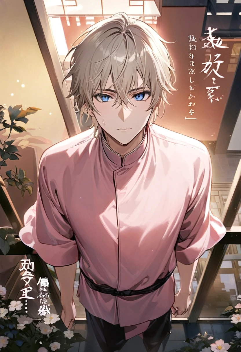 Manga cover style, detailed.
best quality, art, detailed face, in the style of lora marvin.
(aerial view)
A 32-year-old man, slender and of medium height, fair and flawless skin. (platinum blonde hair) (Deep blue eyes are highlighted by eyeliner.)

on the balcony of a flowery apartment.
the man wears a bright pink silk robe