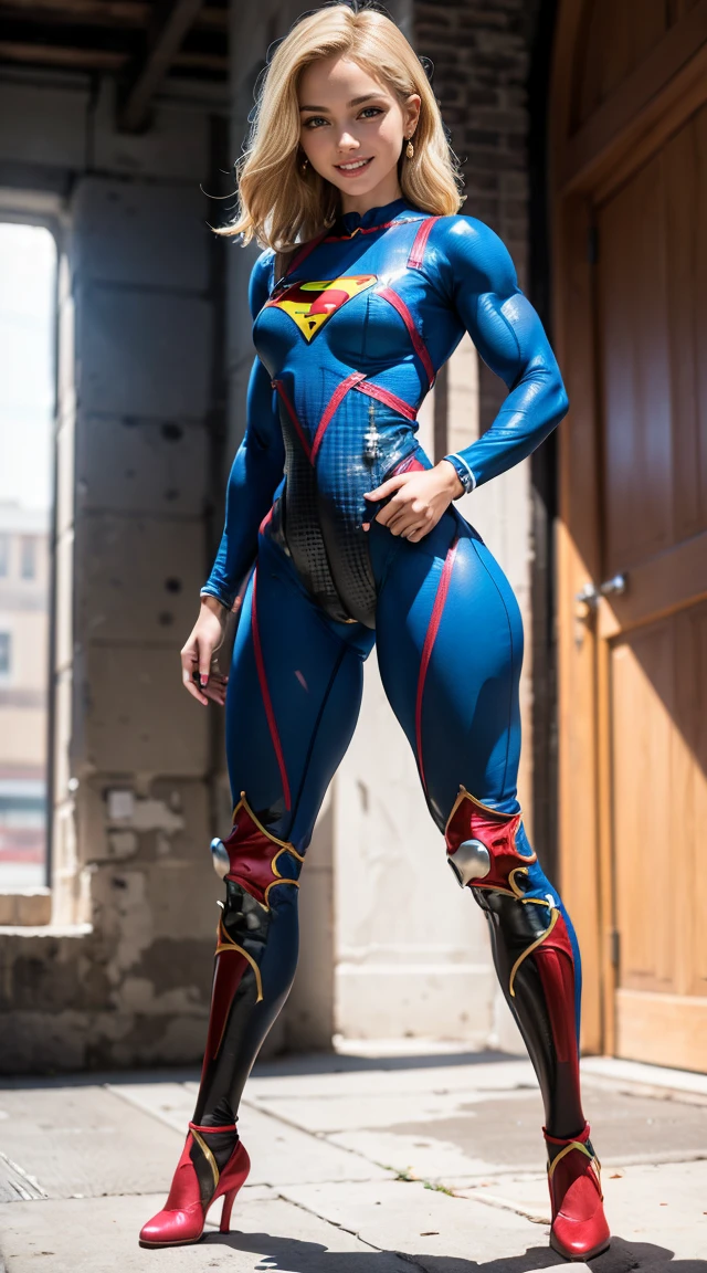 (Muscular:1.8), (thick thighs:1.7),
blonde female, supergirl, big smile,
earrings, lipstick, eyeshadow,
small breasts,
(full body suit, bodysuit:2),
looking at viewer, three quarter view,
flying, in midair, rim lighting, two tone lighting, dim lighting, bokeh, detailed skin, detailed eyes