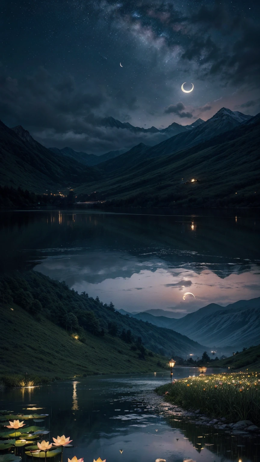night, Only moonlight illuminates, Crescent Moon, Mountains in the distance, Beautiful big lotus nearby, Big red lotus, There is running water next to it, frog, A summer full of joy, Crescent Moon in the sky mixed with stars, Amazing wallpapers, Rainy night, Rainy Night, Beautiful and beautiful, , High Detail ((Heavy rain))), 8K