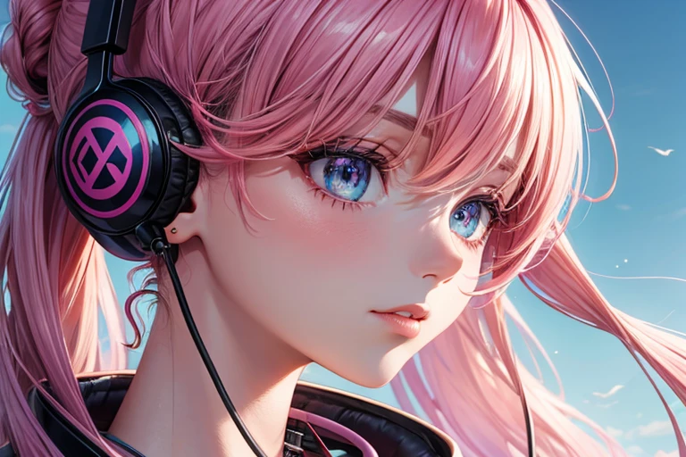background light pink, portrait girl, colorful hair, big headphones on, piercing in the nose, tattoo on the neck