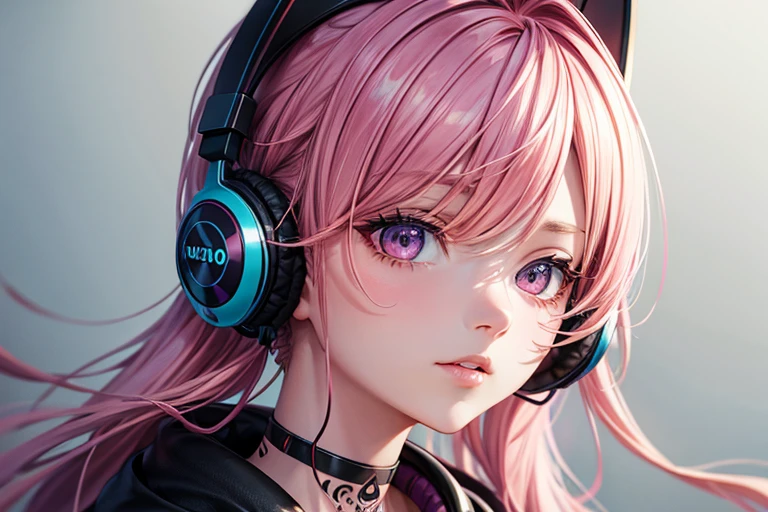 background light pink, portrait girl, colorful hair, big headphones on, piercing in the nose, tattoo on the neck