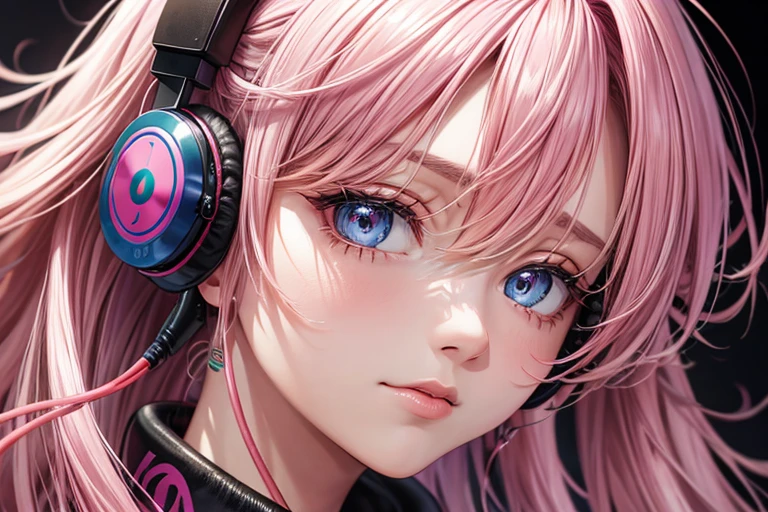 background light pink, portrait girl, colorful hair, big headphones on, piercing in the nose, tattoo on the neck