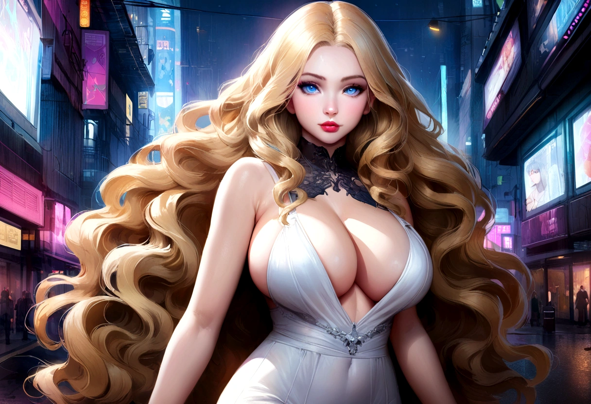 Miss, Realistic characters,blond, White silk slip dress,blue eyes, Anime huge breasts, Solitary, Modern, Cyberpunk, Long wavy hair, very young