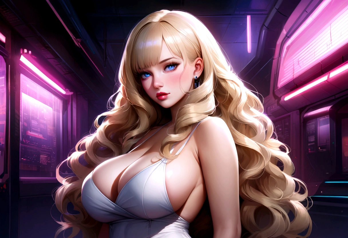 Miss, Realistic characters,blond, White silk slip dress,blue eyes, Anime huge breasts, Solitary, Modern, Cyberpunk, Long wavy hair, very young