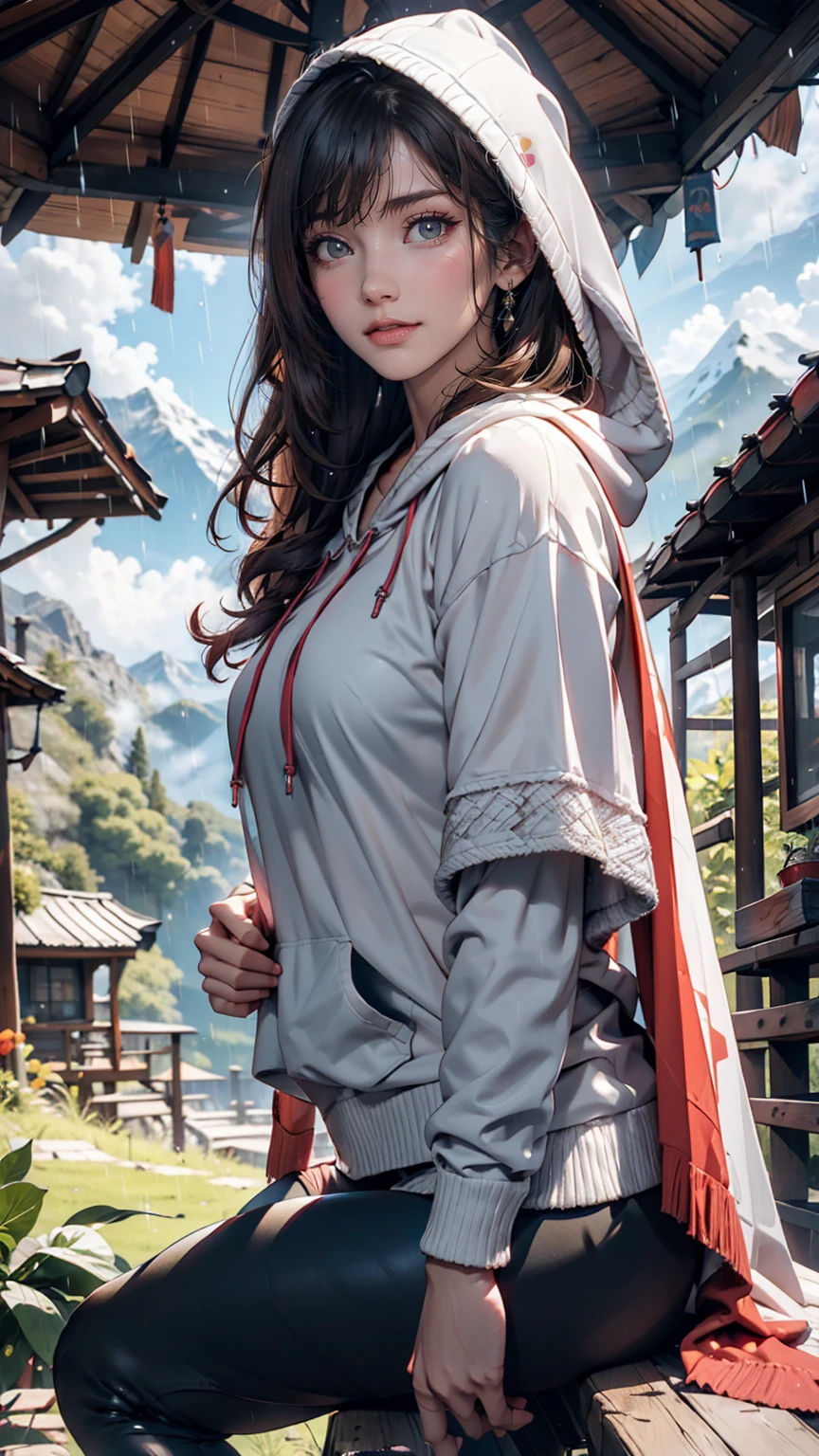 Alps on a rainy day、Wearing a poncho、24-year-old woman、Wear a hood、Wear trekking shoes、Wear leggings、The Alps are hazy with rain、Cloudy、smile