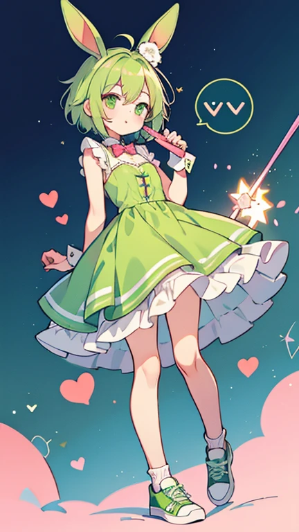 one girl,green short hair,green eyes,green bunny ears,valentine dress,white socks,pink sneakers,holding a magic wand,A winking expression
