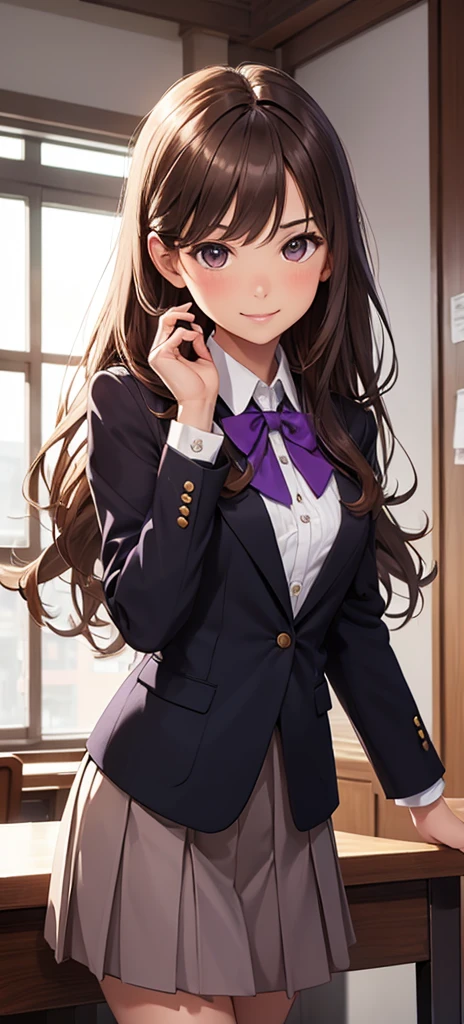 (best quality), (masterpiece), (high resolution), (Intricate details:0.2),(Professional lighting), classroom, Detailed background, Half-length photo, (Previous View), 1 Girl, Solitary, (Pretty Face:1.40), Chestnut Brown Wavy Hair,Brown eyes,Suit school uniform jacket,Purple skirt,Purple bow tie,Black Silk,slim, Delicate skin, Smile,Gentle and intellectual,Good shape,Student uniform student,View in the viewer