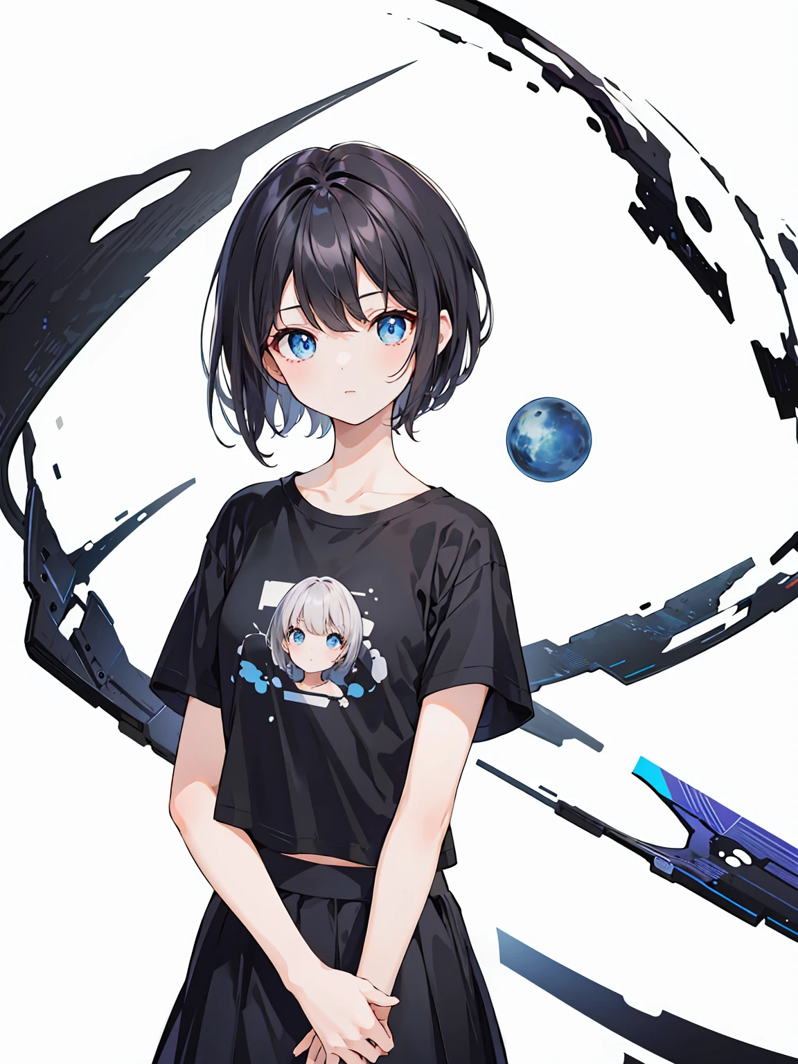 1girl, solo, blue eyes, (detailed eyes), flat chest, short hair, black hair, ((black t-shirt)), simple t-shirt, black skirt, black socks, standing, upper body, (white background), Transparent background, looking down, ((masterpiece, illustration, best quality)) 