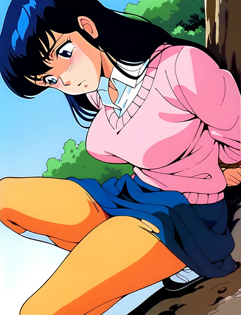 Kyoko,score_9,score_8_superior,score_7_superior,sauce_anime,One girl,alone,View your viewers,soaked,downpour,in the forest,Pink Sweater,White collared shirt,length_skirt,blue skirt,Spread your legs,hose exposed,Lying down,Sad face,:to be tied age、Tornng、Rope digging into crotch、