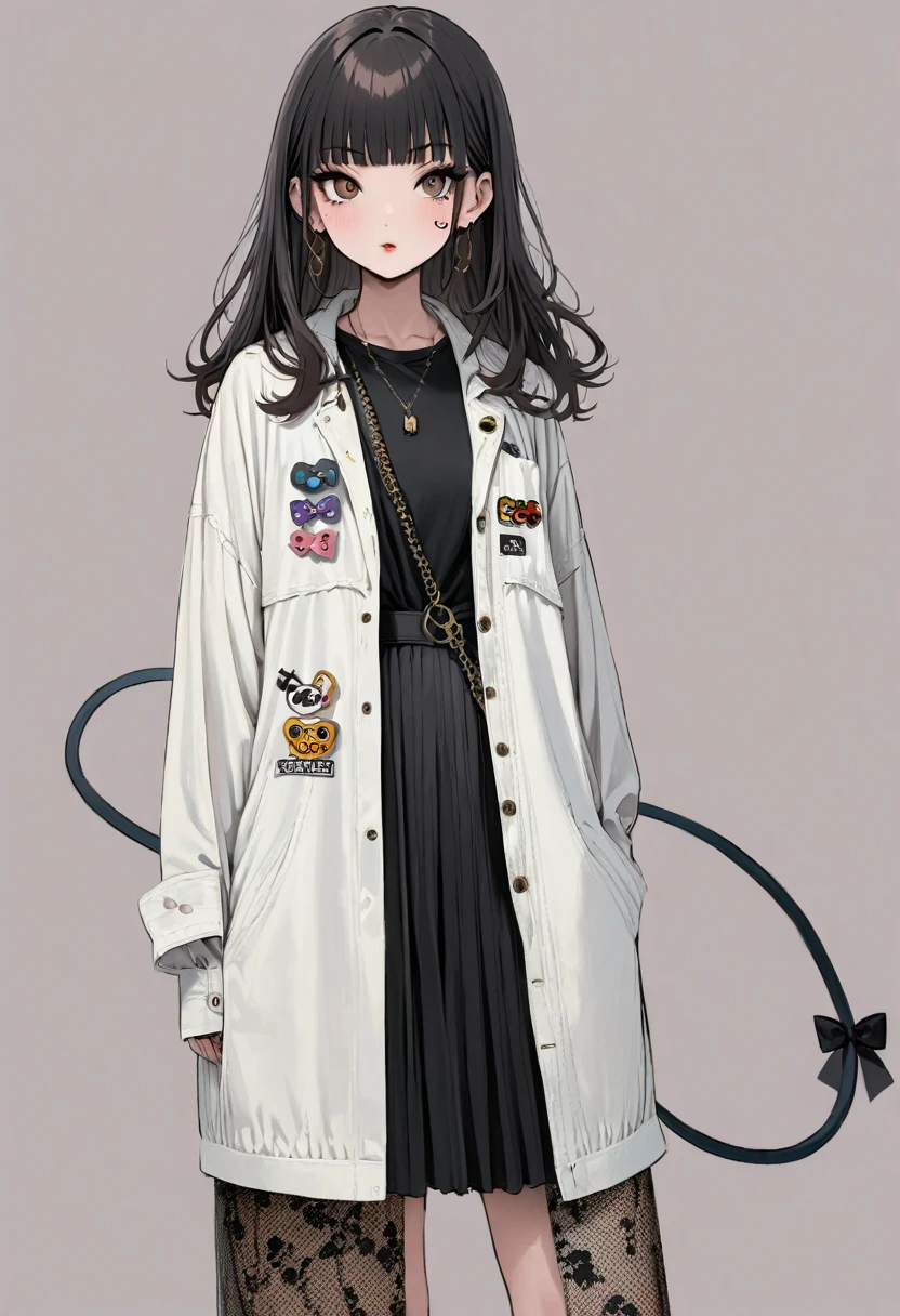 girl,whole body,(Delicate face:1.2), Pure background,masterpiece, Fashion,Tokyo,Harajuku,, Medium Length Hair, Black Hair, Double tail, Bangs, Brown eyes,