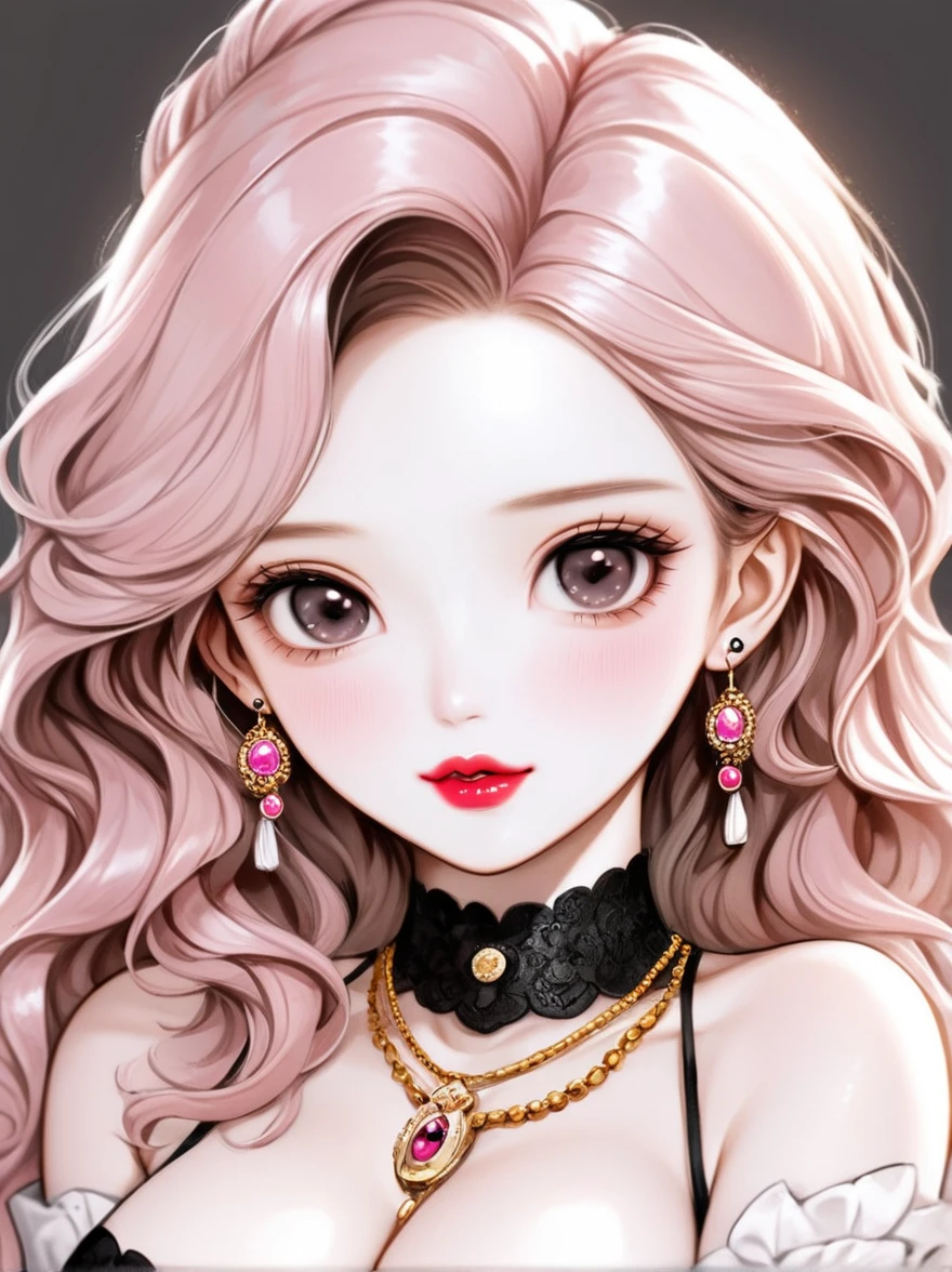 Canon RF85mm f/1.2,best quality,portrait,1 girl,(korean mixed,kpop idol:1.2),(long_brown_wavy_hair),(lipstick,pink lips,pink_shiny_lips,pinkeyeshadow,eyelashes,powder blusher,make-up),white_shiny_skin,black eyes,necklace,earrings,shiny,Pore,skin texture,bracelet,big breasts,grey background,