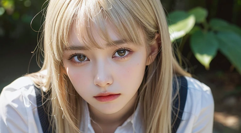 (Long Hair, bangs, Platinum Blonde Hair:1.2),(Wearing school uniform:1.2),1 girl,Japanese,21 years old,(Small breasts:1.3),(Highest quality,masterpiece:1.3,超A high resolution,),(Ultra-detailed,Caustics),(Photorealistic:1.4,RAW shooting,)Ultra-Realistic Capture,Very detailed,High resolution 16K human skin close-up。 Natural skin texture、,Pores、、It needs to be detailed enough to be easily identifiable。 Skin should be even-toned and healthy looking。 Use natural light and colour, Sad expression, Looking at the camera, Perfect dynamic composition, Outdoor