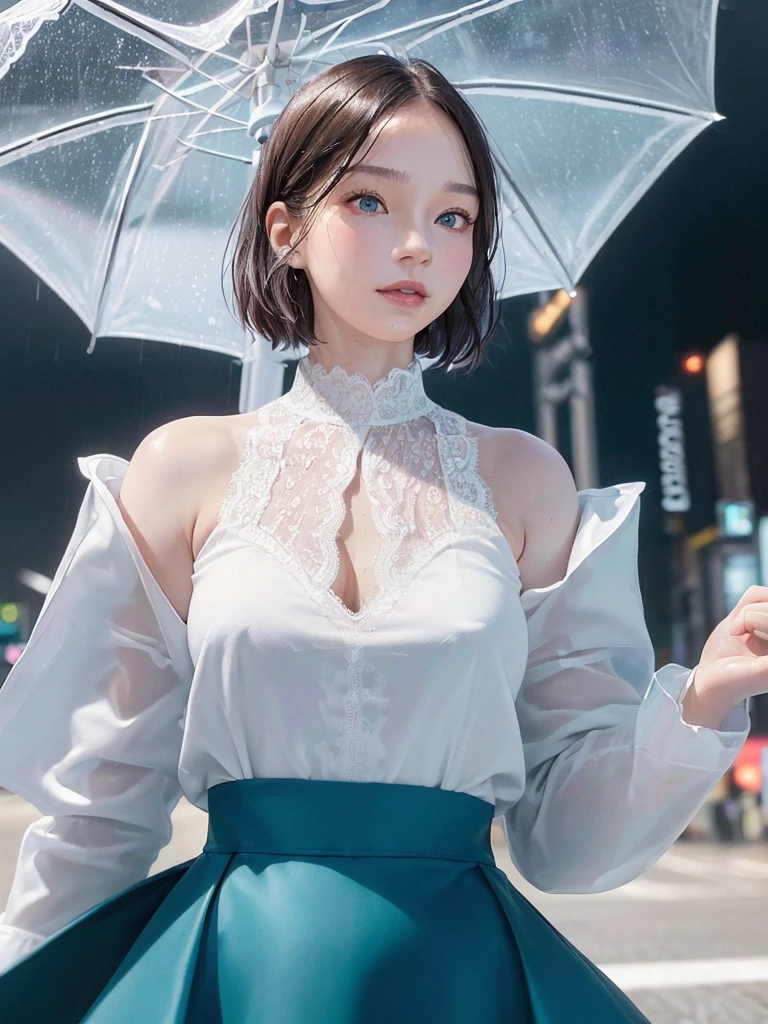 ((best quality, 8K, masterpiece: 1.3)),upper body,Black Hair, black eye,sharp focus: 1.2, beautiful woman with a perfect body: 1.4, ((Medium Hair, large: 1.2)), (small and beautiful hard (White long sleeve blouse with lace、Tight dark turquoise long skirt), (wet from rain: 1.2), (rain, street: 1.2), wet body: 1.1, Highly detailed face and skin texture, detailed eyes, double eyelids, White skin,,E cup,smile,Financial district of the big city,Skyscraper,White skin,