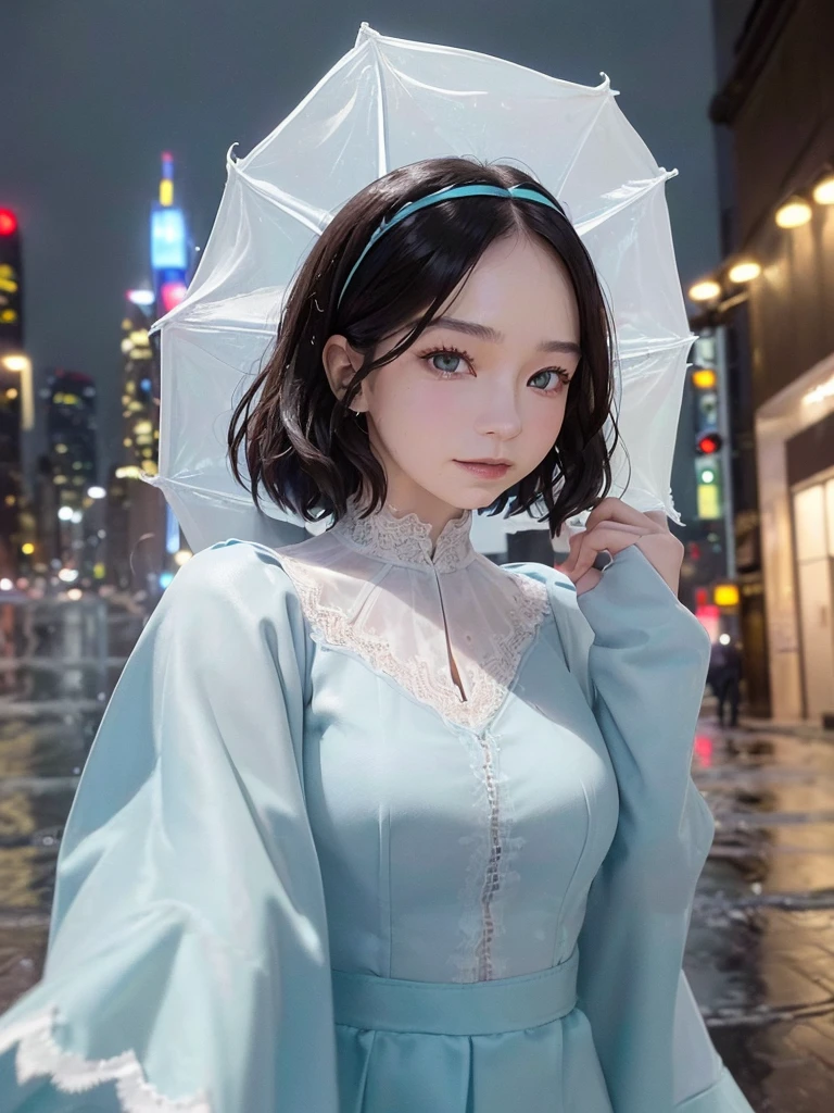 ((best quality, 8K, masterpiece: 1.3)),upper body,Black Hair, black eye,sharp focus: 1.2, beautiful woman with a perfect body: 1.4, ((Medium Hair, large: 1.2)), (small and beautiful hard (White long sleeve blouse with lace、Tight dark turquoise long skirt), (wet from rain: 1.2), (rain, street: 1.2), wet body: 1.1, Highly detailed face and skin texture, detailed eyes, double eyelids, White skin,,E cup,smile,Financial district of the big city,Skyscraper,White skin,