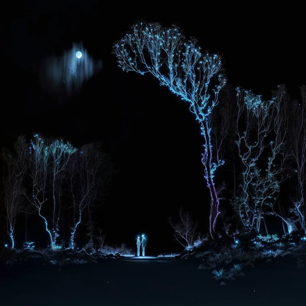 A dimly lit photo，Two people standing in the dark forest, Bioluminescence atmosphere, Bioluminescence, Bioluminescence, Bioluminescence plants, The light of the moon, Bioluminescence, Bioluminescence cyber - garden, holding hands Moonlight, tom hammick, Moonlight