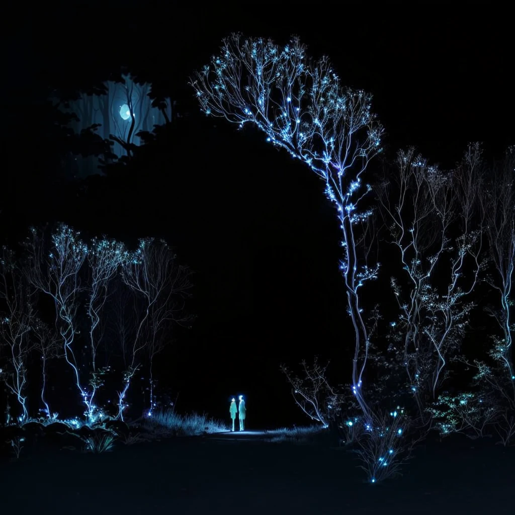 A dimly lit photo,Two people standing in the dark forest, Bioluminescence atmosphere, Bioluminescence, Bioluminescence, Bioluminescence plants, The light of the moon, Bioluminescence, Bioluminescence cyber - garden, holding hands Moonlight, tom hammick, Moonlight