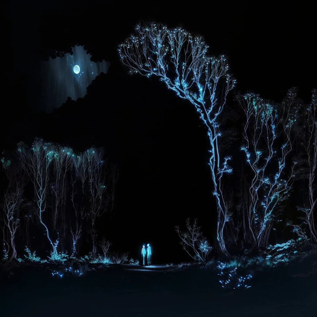 A dimly lit photo,Two people standing in the dark forest, Bioluminescence atmosphere, Bioluminescence, Bioluminescence, Bioluminescence plants, The light of the moon, Bioluminescence, Bioluminescence cyber - garden, holding hands Moonlight, tom hammick, Moonlight