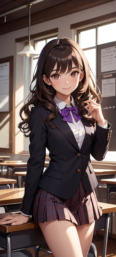 (best quality), (masterpiece), (high resolution), (Intricate details:0.2),(Professional lighting), classroom, Detailed background, Half-length photo, (Previous View), 1 Girl, Solitary, (Pretty Face:1.40), Chestnut Brown Wavy Hair,Brown eyes,Suit school uniform jacket,Purple skirt,Purple bow tie,Black Silk,slim, Delicate skin, Smile,Gentle and intellectual,Good shape,Student uniform student,View in the viewer