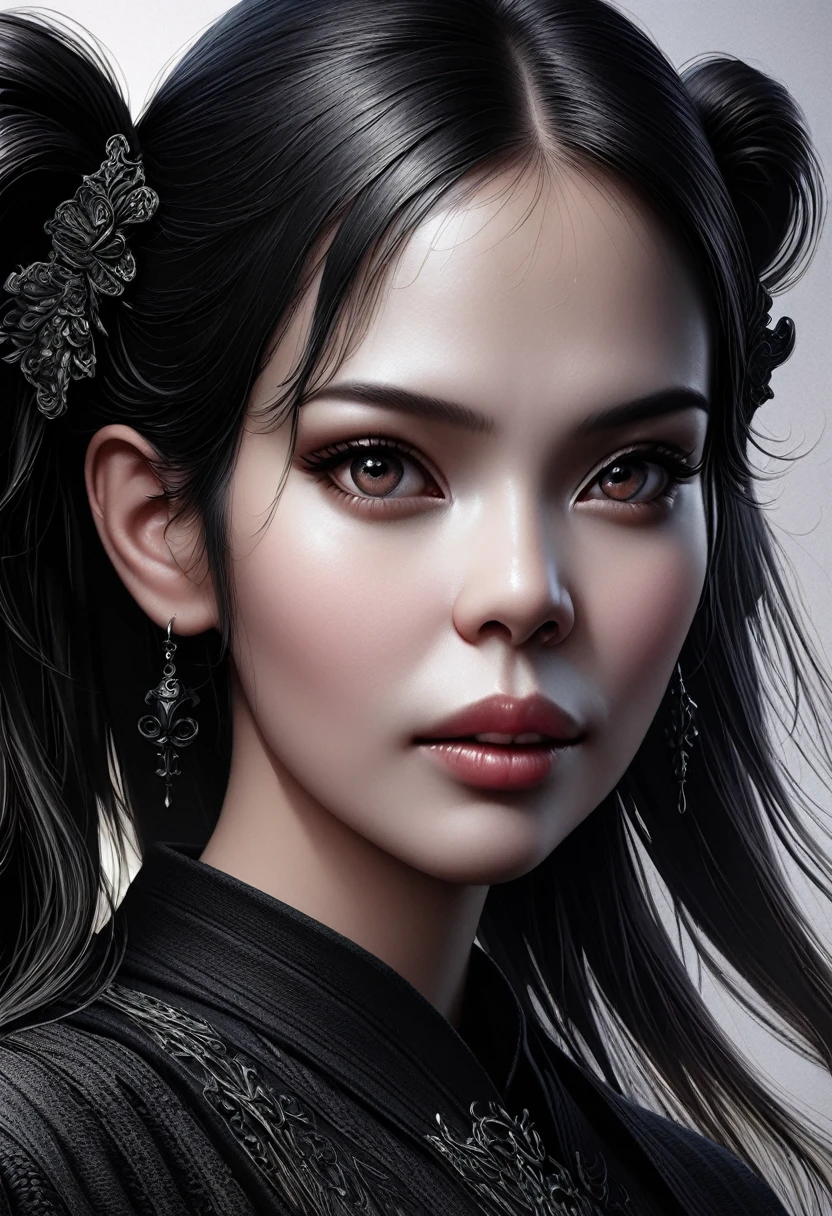 A girl with long twin pigtails, gothic aesthetic, minimalist, linear style, negative space, ink painting, abstract, beautiful detailed eyes, beautiful detailed lips, extremely detailed face, long eyelashes, dark moody colors, dramatic lighting, stark contrasts, dramatic shadows, intricate details, elegant linework, calligraphic brushstrokes, ethereal atmosphere, monochromatic palette, (best quality,8k,8k,highres,masterpiece:1.2),ultra-detailed,(realistic,photorealistic,photo-realistic:1.37),dark fantasy