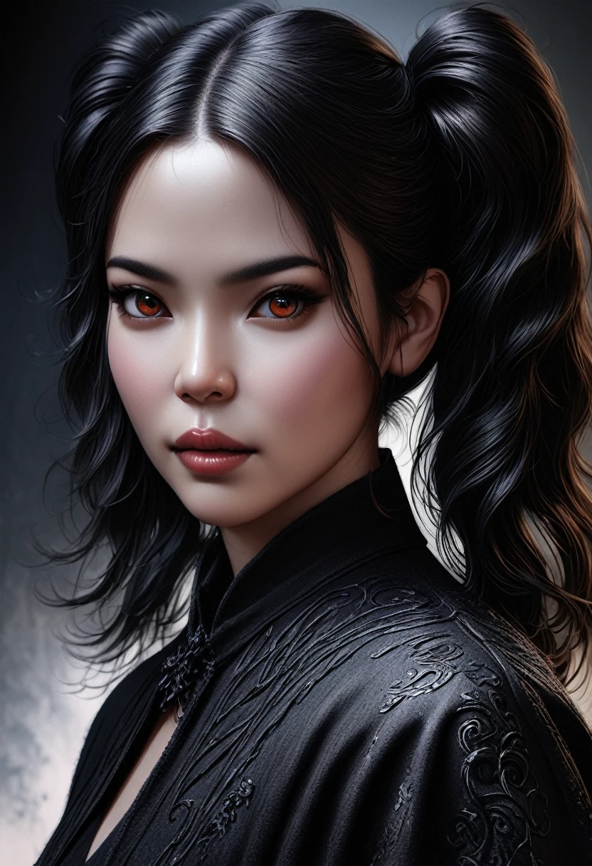 A girl with long twin pigtails, gothic aesthetic, minimalist, linear style, negative space, ink painting, abstract, beautiful detailed eyes, beautiful detailed lips, extremely detailed face, long eyelashes, dark moody colors, dramatic lighting, stark contrasts, dramatic shadows, intricate details, elegant linework, calligraphic brushstrokes, ethereal atmosphere, monochromatic palette, (best quality,8k,8k,highres,masterpiece:1.2),ultra-detailed,(realistic,photorealistic,photo-realistic:1.37),dark fantasy