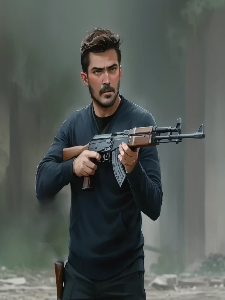 arafed man in a suit holding a gun in a nightclub room, brown hair, buzz cut, from the new john wick movie, john wick, portrait of john wick, in the john wick movie, felix englund style, smoking and holding a gun, with rifle, action thriller, dramatic action photography, with pistol, photo from a promo shoot, dramatic cinematic action shot, dramatic wielding gun pose, danger atmosphere