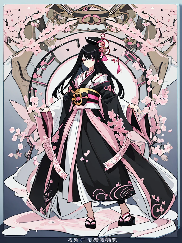 best quality, character design sheet, woman、No hat on, Black and pink hair, whole body, Head to Toe, fortune teller、Standing facing forward, Beautiful black dress, Black Hair, whole body, Pure white background, from front, best quality, Standing pose、Cherry blossom pattern、adult、Japanese、Clear eyes