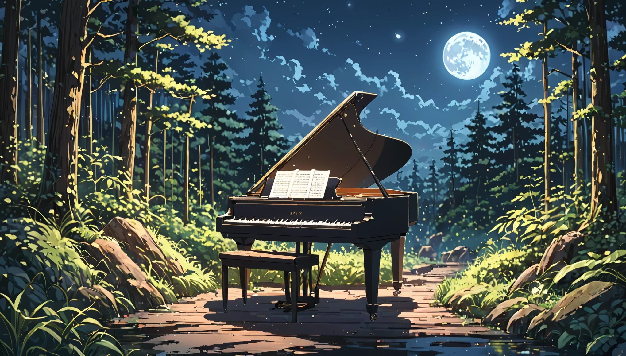 ((anime:1.4,illustration)),(masterpiece, top quality, best quality),(ultra-detailed, absolutely resolution),((16k, high res)), (((Forest, night sky, moonlit piano))), ((anime:1.4,illustration)),(masterpiece, top quality, best quality),(ultra-detailed, absolutely resolution),((16k, high res)). BREAK {lofi art, style of Laurie Greasley, style of Makoto Shinkai, anime aesthetic}, BREAK { (produces images with information than 40 million pixels with cinematic-like detailed textures shot on a Sony SLR).}