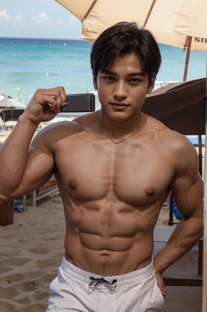 mingyu showing off his beautiful muscles, on the beach