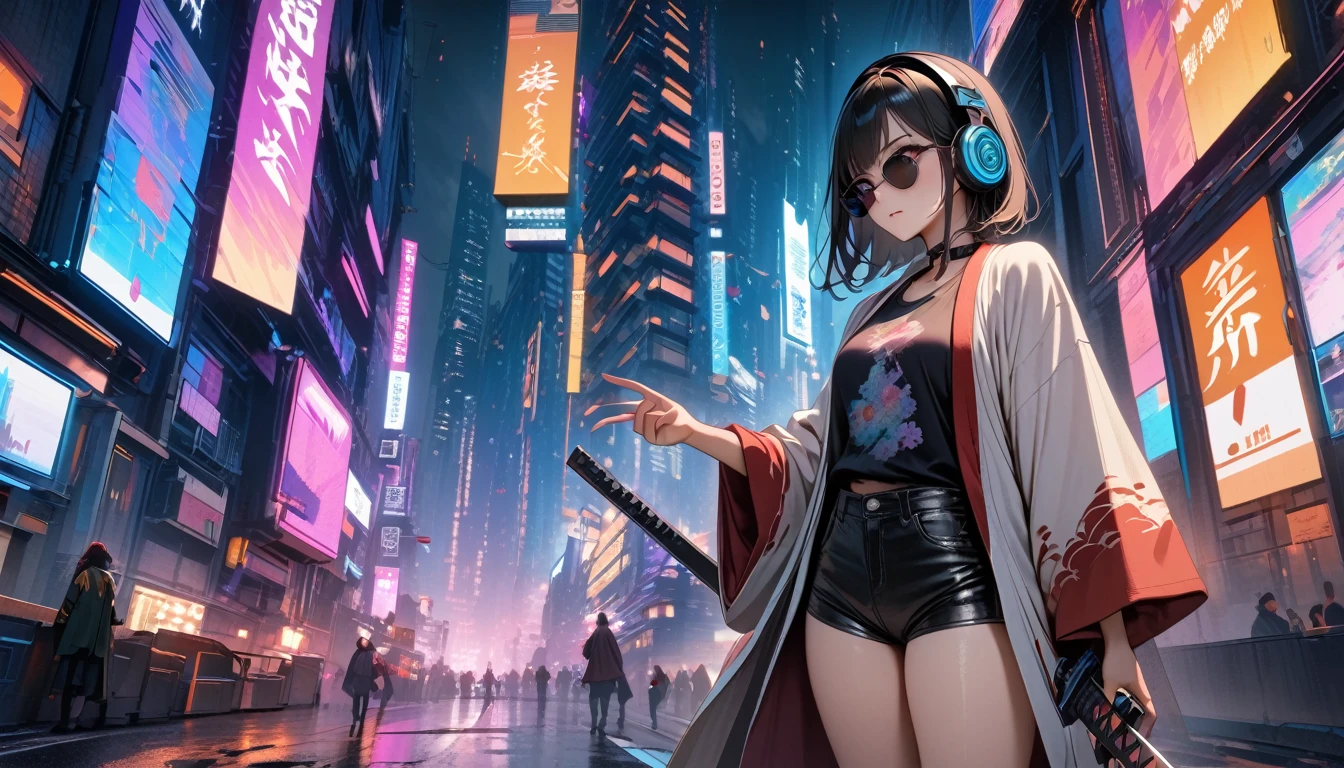 (((8K, Masterpiece, high resolution, highest quality, highest quality real texture skin))), ((wearing Japanese pattern headphones)), (((1 girl))), (((Japanese pattern haori))), (((Hold the sword in your right hand))), (((Cyberpunk City))), ((sunglasses)), (Japanese pattern T-shirt, super mini shorts), (long black shiny hair, beige skin)