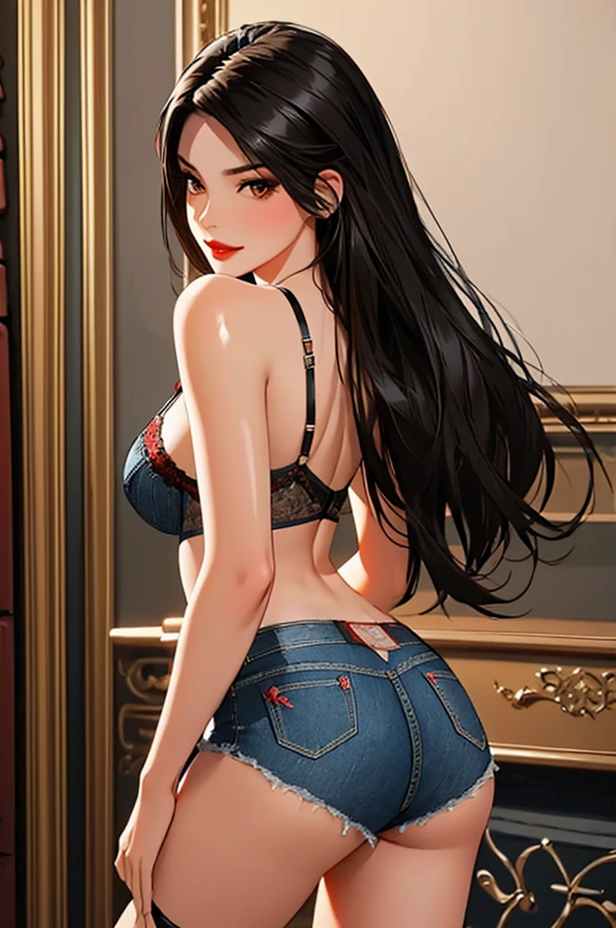 1girl,a beautiful fashion model ,(masterpiece, detailed background, best quality),shiny hair, black hair, smirk,juicy lips, red lips, lingerie, stripping, elegant makeup, exhibitionism, cut off denim shorts, ass showing out of shorts, brown eyes
