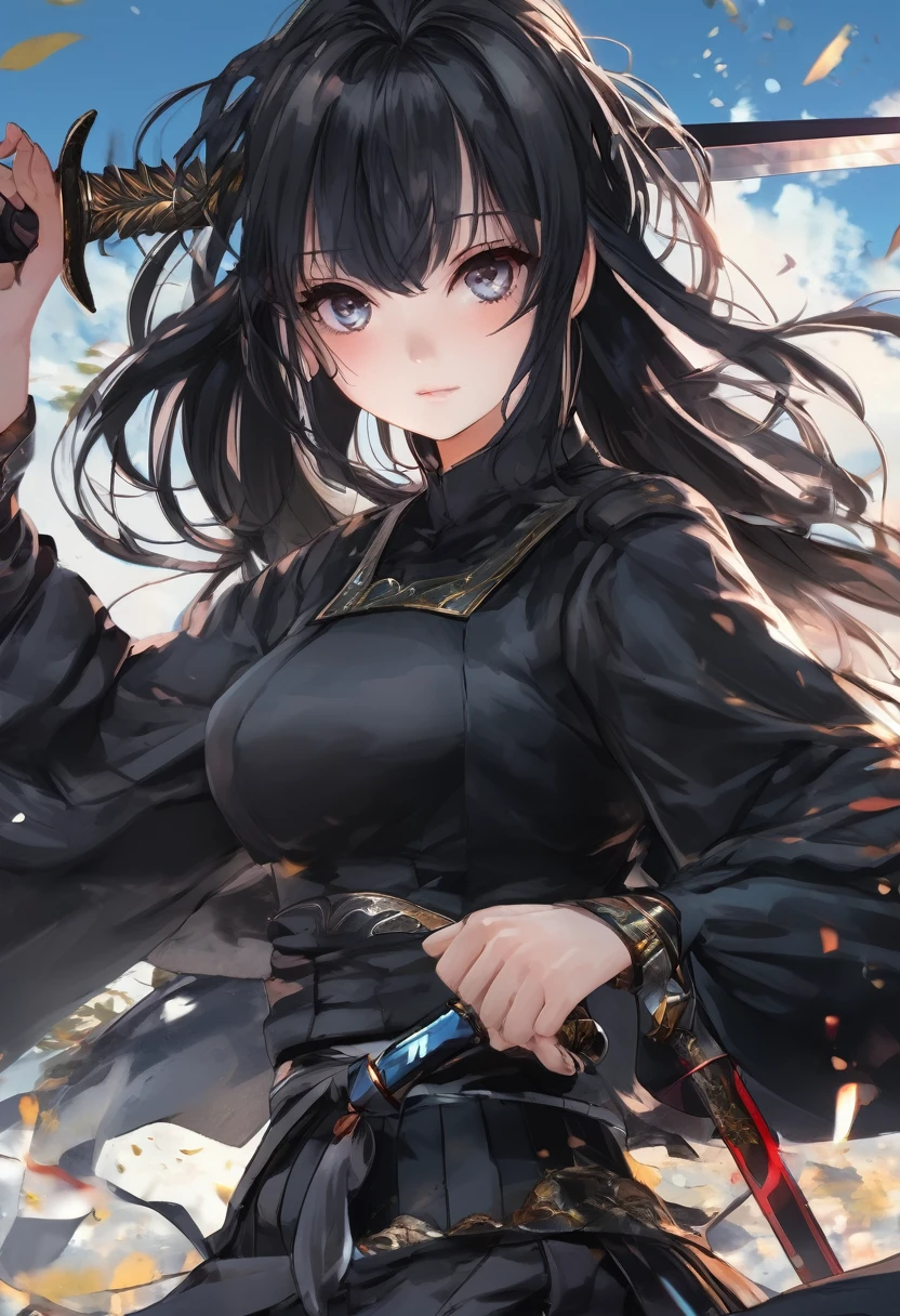 Anime girl with black hair and black clothes holding a sword, Anime Art Wallpapers 8K, Highly detailed art gems, anime art wallpaper 4k, anime art wallpaper 4k, Beautiful and attractive anime woman, Best anime 4k konachan wallpaper, Style Art Germ, 8k high quality detailed art, anime wallpaper 4k, anime wallpaper 4k