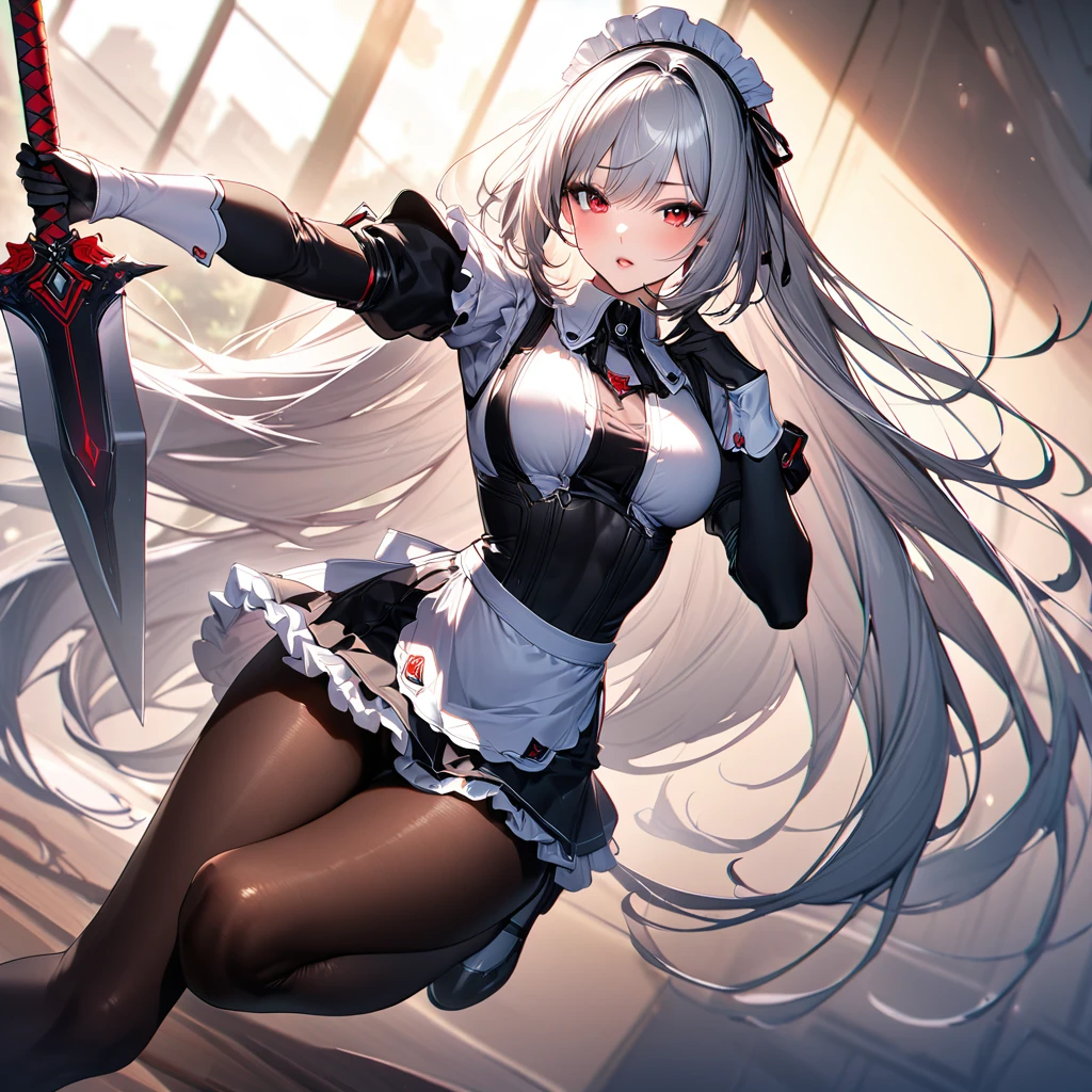 (masterpiece),(Highest quality),(Super detailed),(Best illustrations),(so beautiful), so beautiful長い脚,Silver Hair, Red eyes, Very long hair, pantyhose, Maid, headdress, apron, mini skirt, holding weapon, huge sword, slashing