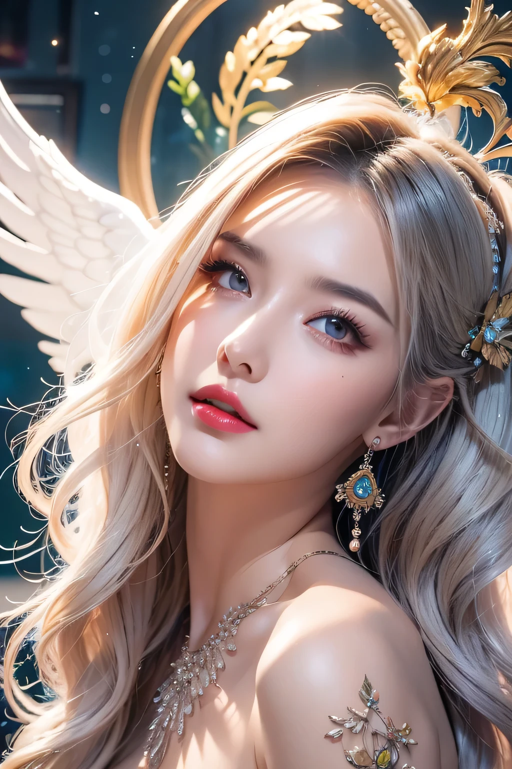 High-quality work，Realistic works，Super premium graphics，8K HD CG works，high quality graphics，High-definition and exquisite CG works，10x pixels，Ultra-fine details：1.1，Advanced technical details：1.1Realistic photo effects，Interior lighting effects：1.5，natural soft light：1.5. Light effect（Virtual light effects：1.8），ultra high resolution，shining dress，sliver long hair，silber hair，transparenthair，high detailed hair（Quality hair details：1.1）Clear eyes，Double eyelids look good，Sharp eye makeup, Create exquisite eyelash makeup, tthin eyebrows, Ultra-detailed eyes，a tall nose, lovely red lips, rosey cheeks, With delicate makeup on her face , pretty face, The face shape is perfectly proportioned,（Advanced facial details：1.1）geometric abstract background, white, Green and blue light, arcane art, Depth of written boundary (get tangled, mandala, geometry abstraction, tangle, get tangled), beautiful, (dynamic angle:1.4), (floating colorful sparkles:1) the most beautiful form of chaos, elegant, brutal designer, bright colors , romanticism, bright colors, glow in the dark, wavy, The nature of symmetry, symmetry, Vertical compact design, paisley pattern, firefly ,cinematic light, sexy woman in armor, legendary warriors , beautiful baby, SEX pose, erotic design , erotic face, erotic pose, Pore white hair, , Big eyes, sexy eyes, whole bodyタトゥーだらけ, red lips, sexy lips, sexy face, naked, erotic, erotic pose, whole body, fall angel, , angle of death, holly angel，Women's artwork，Dress full body video，Realism，Amazing Cleavage，My eyes are very bright today
