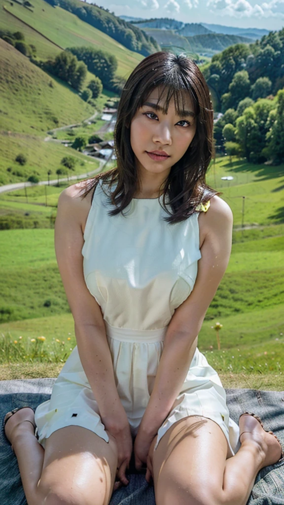 beautiful Asian woman, wearing a dress, white eye lenses, smooth white skin. sitting cross-legged,posing in a beautiful and spacious green meadow with many hills in the background. clear sky, full body view. aerial shot, fisheye lens shot, very realistic, detailed, sharp, best texture