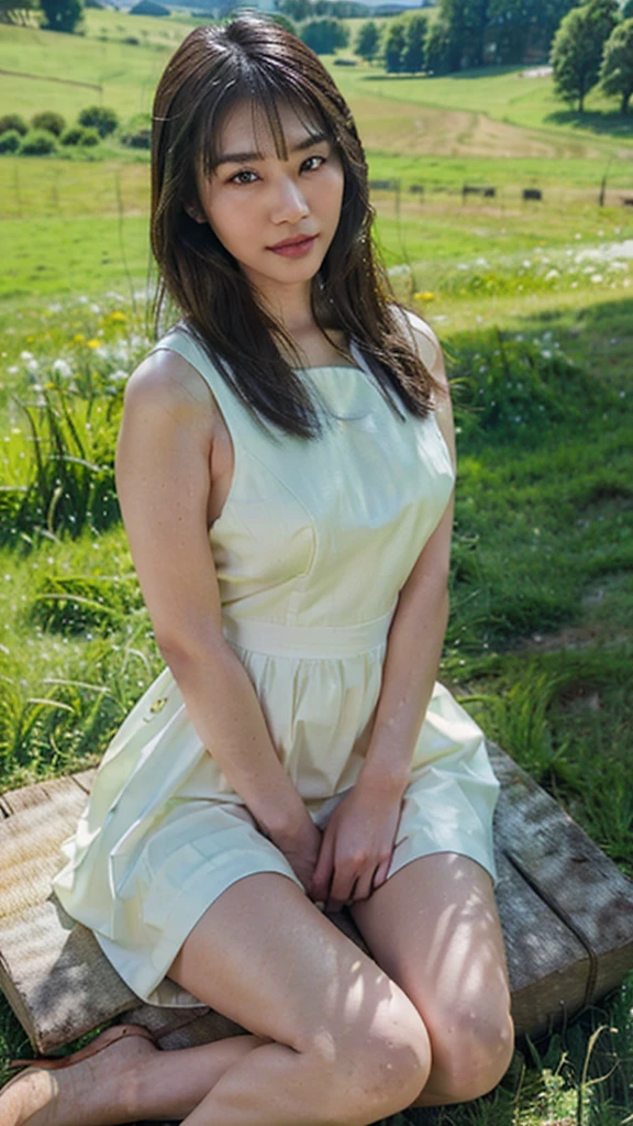 beautiful Asian woman, wearing a dress, white eye lenses, smooth white skin. sitting cross-legged,posing in a beautiful and spacious green meadow with many hills in the background. clear sky, full body view. aerial shot, fisheye lens shot, very realistic, detailed, sharp, best texture