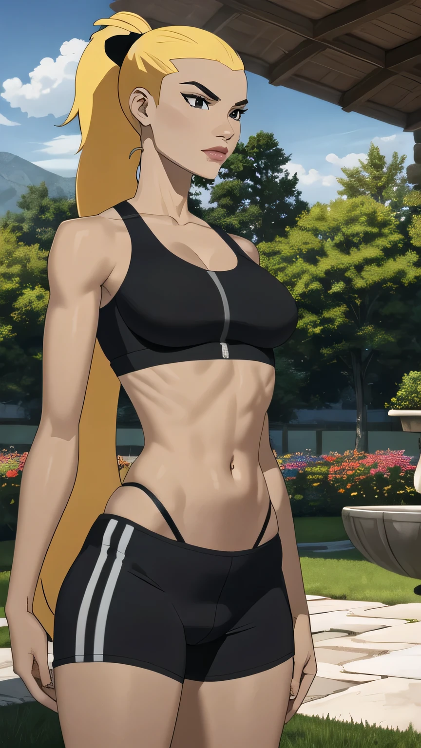 (cowboy shot), (masterpiece, best_quality, ultra-detailed, immaculate:1.3), epic, illustration,
BREAK
ArtemisYJ, ponytail,super long hair,
(Black sports bra),dolphin shorts,cleavage medium breast
BREAK
(courtyard, garden, outdoors, gorgeous view)