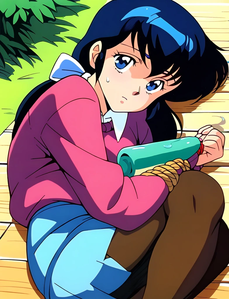 Kyoko,score_9,score_8_superior,score_7_superior,sauce_anime,One girl,alone,View your viewers,soaked,downpour,in the forest,Pink Sweater,White collared shirt,length_skirt,blue skirt,Spread your legs,Pantyhose exposed,Lying down,Sad face,:to be tied up、Bondage、Torn clothing、Rope digging into ??????、