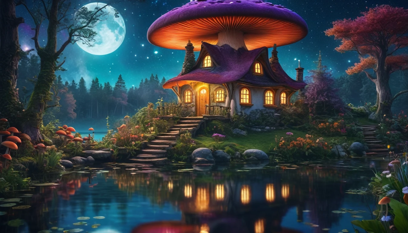 Cozy witch cottage deep in the fantasy forest, beside a serene lake under a starry night sky. The cottage has a bouncing mushroom roof, and a giant, wonderfully well-tended vegetable garden. Style similar to Milipili. Surreal, 8K, bright colors, clear and sharp images.