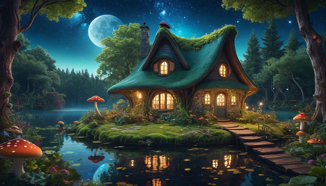 Cozy witch cottage deep in the fantasy forest, beside a serene lake under a starry night sky. The cottage has a bouncing mushroom roof, and a giant, wonderfully well-tended vegetable garden. Style similar to Milipili. Surreal, 8K, bright colors, clear and sharp images.