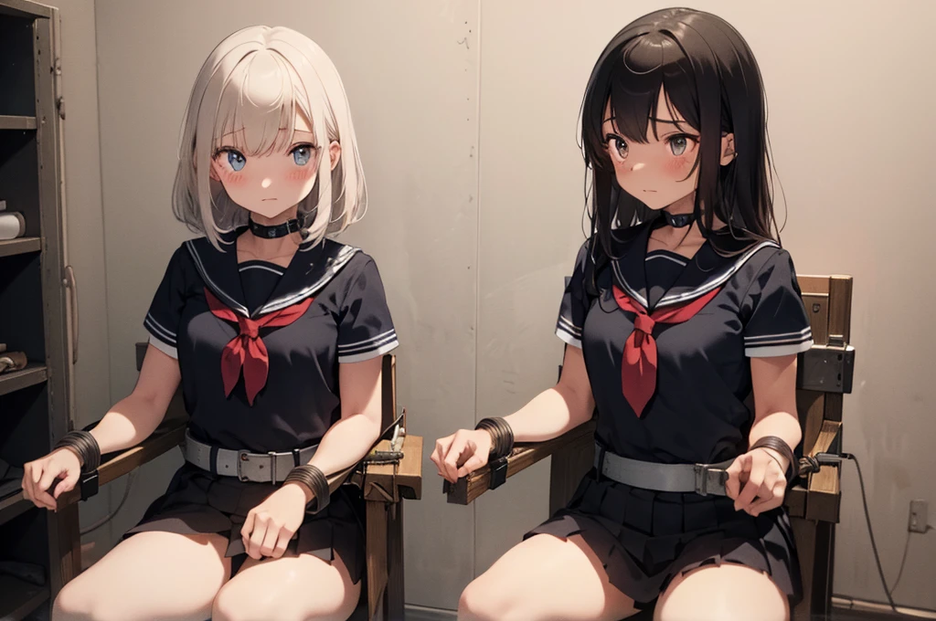 2 girls, ((inside tiny room, strapped to chairs)), (sitting:1.5), ( chair:1.5), (blushing:1.5), (open legs:1.5), ((basement, metal room)), (((3 girls, group of girls))), (inside torture room), arms to sides , wrist cuffs, ankle cuffs, (((shocked expression, struggling))), ((short sleeve, sailor uniform, tight clohing)), arms to sides, long hair, dark hair, saphire eyes, perfect body, perfect face, detailed face, detailed eyes, 16K