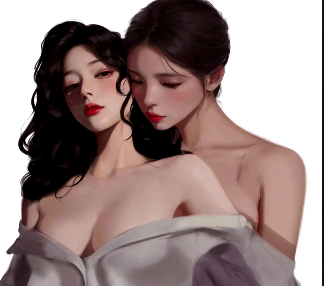 there are two women that are standing next to each other, artwork in the style of Guvez, In the art form of the pond, two women, Lesbian Art, Inspiration from Yan Juncheng, By Yang J, glossy digital painting, Guvez, digital pain, two women, digital painting, Greedy and failed, digital paintingที่หรูหรา