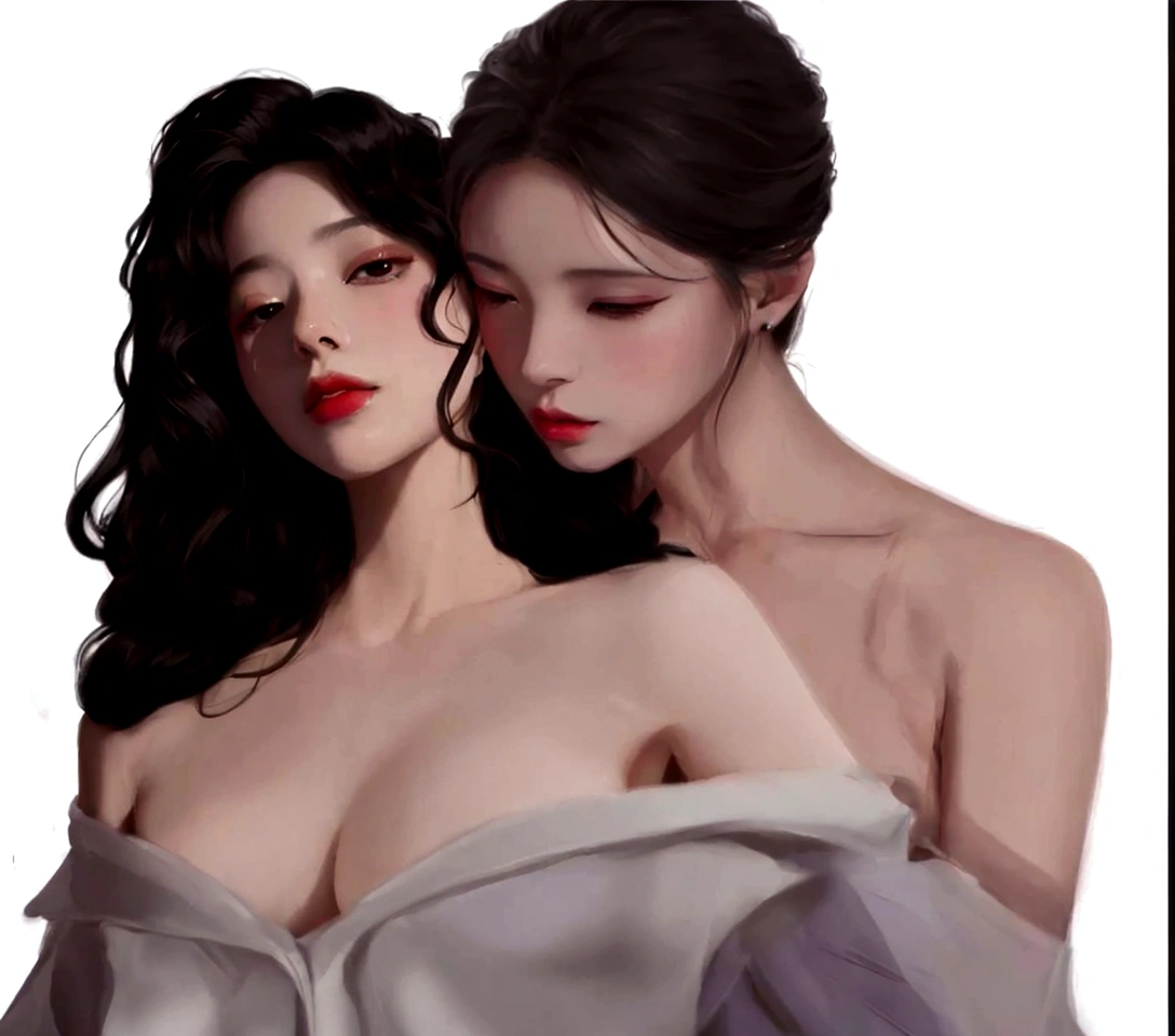 there are two women that are standing next to each other, artwork in the style of Guvez, In the art form of the pond, two women, Lesbian Art, Inspiration from Yan Juncheng, By Yang J, glossy digital painting, Guvez, digital pain, two women, digital painting, Greedy and failed, digital paintingที่หรูหรา