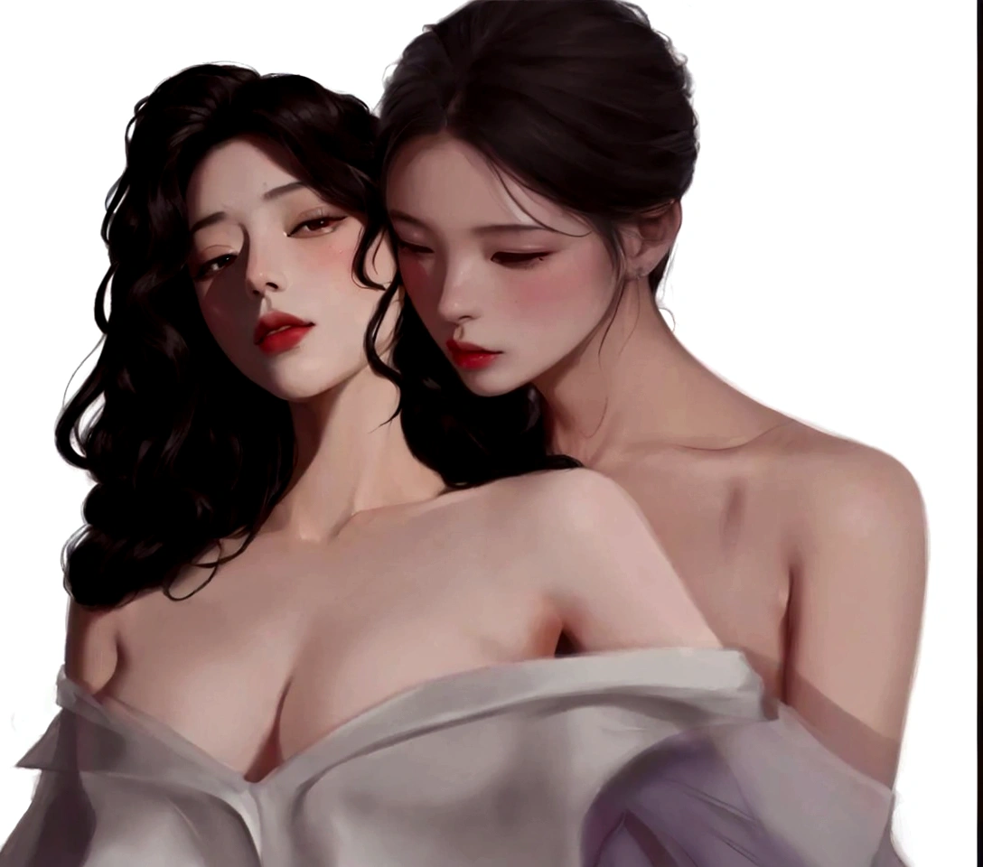 there are two women that are standing next to each other, artwork in the style of Guvez, In the art form of the pond, two women, Lesbian Art, Inspiration from Yan Juncheng, By Yang J, glossy digital painting, Guvez, digital pain, two women, digital painting, Greedy and failed, digital paintingที่หรูหรา