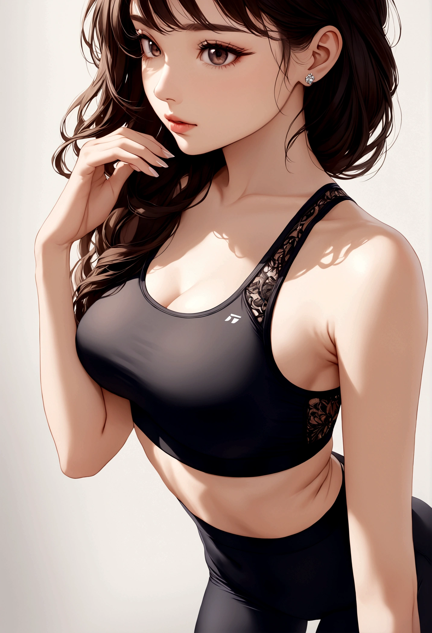 Beautiful women, sports bra fashion, cute, medium length, perfect beauty, flawless body, fine skin, delicate