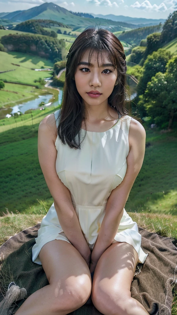 beautiful Asian woman, wearing a dress, white eye lenses, smooth white skin. sitting cross-legged,posing in a beautiful and spacious green meadow with many hills in the background. clear sky, full body view. aerial shot, fisheye lens shot, very realistic, detailed, sharp, best texture