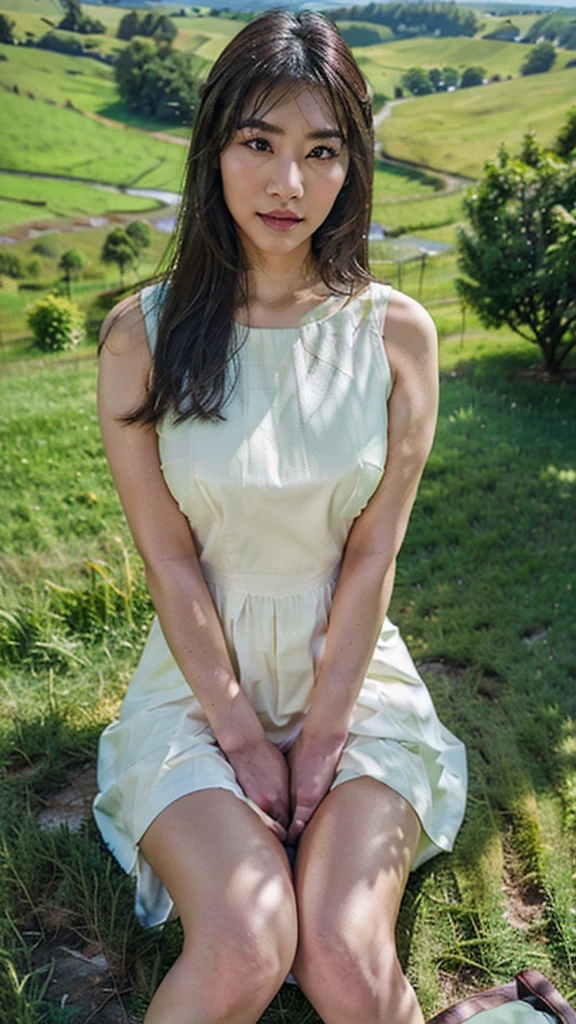 beautiful Asian woman, wearing a dress, white eye lenses, smooth white skin. sitting cross-legged,posing in a beautiful and spacious green meadow with many hills in the background. clear sky, full body view. aerial shot, fisheye lens shot, very realistic, detailed, sharp, best texture