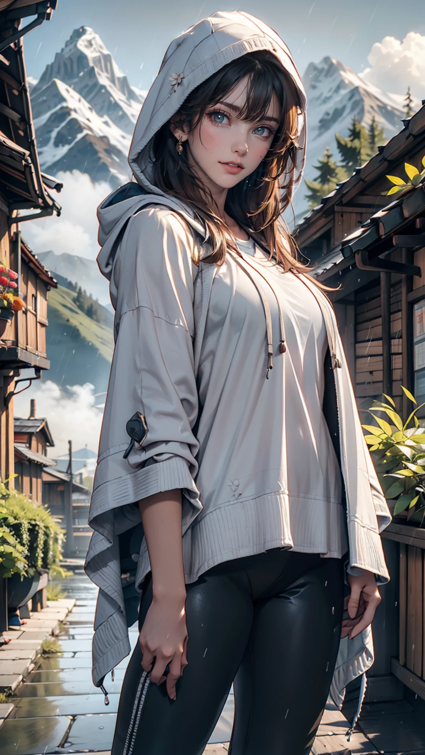 Alps on a rainy day、Wearing a poncho、24-year-old woman、Wear a hood、Wear trekking shoes、Wear leggings、The Alps are hazy with rain、Cloudy、Wear a long-sleeved undershirt